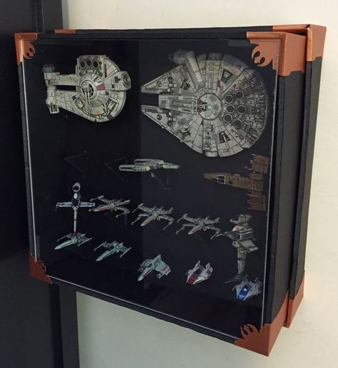 My custom made Star Wars X-Wing display case. the back of the box also holds all the materials needed to play Game Library, Star Wars Ships Design, Game Image, Star Wars X Wing, X Wing Miniatures, Star Wars Spaceships, Star Wars Diy, Star Wars Models, Star Wars Vehicles