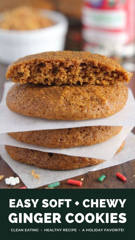 These healthy ginger molasses cookies are chewy, soft & perfect for Christmas! They taste JUST like gingerbread – but they're MUCH easier & faster to make! ginger cookies recipe easy. soft and chewy ginger molasses cookies. ginger cookies chewy. ginger molasses cookies christmas. low calorie ginger cookies recipe. #healthy #gingerbread #cookies #recipe #christmas #holidays Low Calorie Gingerbread Recipes, Soft Gingerbread Cookies No Molasses, Whole Wheat Gingerbread Cookies, Healthy Ginger Bread Cookies, Low Fat Gingerbread Cookies, Ginger Cookies Healthy, Ginger Cookies For Nausea, Ginger Snap Cookies Without Molasses, Gingerbread Cookies With Fresh Ginger