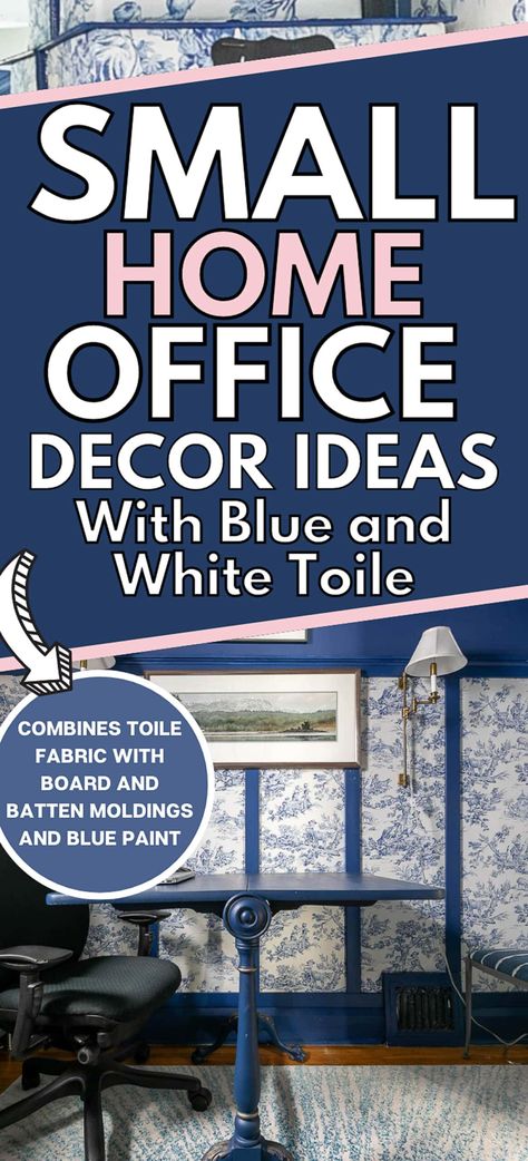 Small Home Office With Blue And White Toile Small Home Office Makeover, Blue And White Office, Blue Office Ideas, Small Home Office Ideas For Women, Office Makeover Ideas, Small Room Ideas, Bookshelves Storage, Blue And White Toile, Elegant Home Office