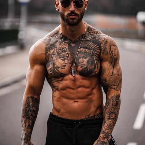 Native Indian Tattoos, Shoulder Sleeve Tattoos, Native American Tattoo, Wolf Tattoo Sleeve, Native Tattoos, American Guy, Ripped Body, Chest Tattoos, Mask Tattoo