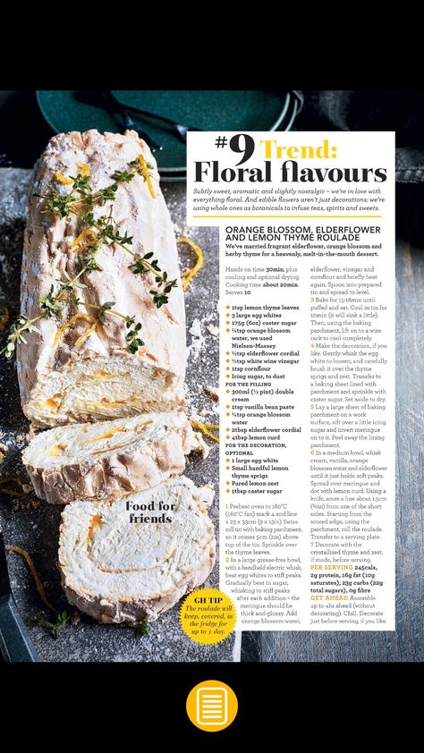 Orange blossom, elderflower and lemon thyme roulade Baked Meringue, Pavlova Recipe, Lemon Thyme, Party Food Buffet, Easter Baking, Homemade Cake Recipes, Honey Recipes, Coffee Dessert, Baking Sweets