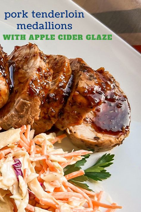 Apple Cider Glaze Recipe, Apple Cider Sauce, Apple Cider Pork, Apple Cider Glaze, Pork Tenderloin Medallions, Pork Tenderloin Oven, Apple Pork Tenderloin, Pear Sauce, Pork Medallions