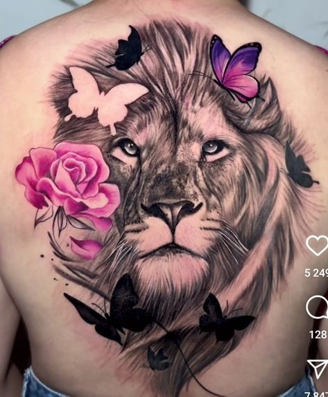 Lion Tattoo With Butterflies, Lion Back Tattoo Women, Lion And Butterfly Tattoo, Tattoo Espalda Mujer, Rosary Tattoos, Purple Butterfly Tattoo, Rose And Butterfly Tattoo, Geometric Line Tattoo, Bird Tattoos For Women