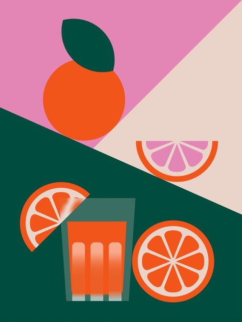 Oranges Illustration Fruit, Fresh Illustration Design, Juice Illustration Design, Orange Juice Graphic Design, Citrus Illustration Graphic Design, Geometric Fruit Illustration, Green And Orange Graphic Design, Orange Illustration Fruit, Retro Fruit Illustration