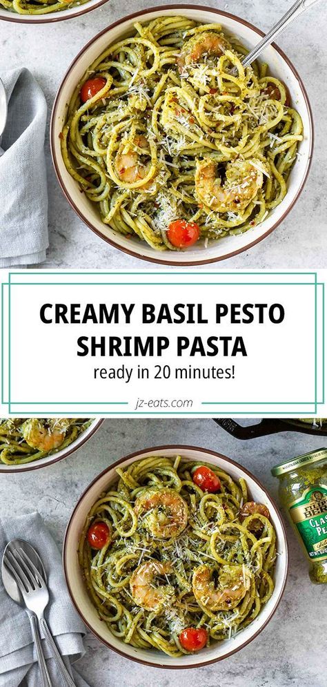 Basil Pesto Shrimp, Pesto Recipes Dinner, Pesto Shrimp Pasta, Pesto Dishes, Shrimp Pesto Pasta, Seafood Sandwiches, Pesto Shrimp, Pesto Pasta Recipes, Shrimp Pasta Recipes