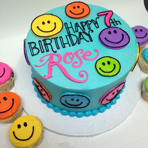 Face Cake Ideas, Smiley Face Cake, White Flower Cake Shoppe, Neon Cakes, Emoji Cake, Face Cake, Birthday Cakes For Her, Happy 7th Birthday, Simple Birthday Decorations