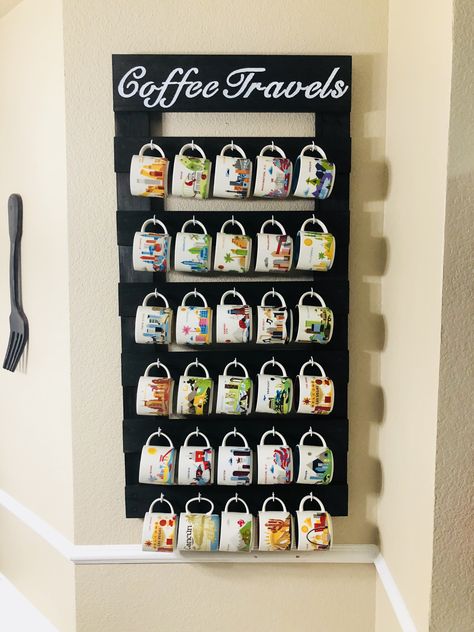 Starbucks “You Are Here” mug collection wall display. Made it myself for less than $60. Nailed it!! Starbucks You Are Here Mugs Display, Displaying Starbucks Mugs, Mug Collection Display Ideas, Starbucks Mugs Display, Starbucks Mugs Collection, Starbucks Mug Display Ideas, Starbucks Cup Organization, Mug Wall Display, Display Coffee Mugs