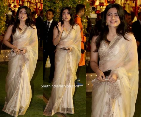 Rashmika Mandanna's Elegant Look at Ambani House Ganesh Chaturthi Celebrations! – South India Fashion Ambani House, Ganesh Pooja, Off White Saree, Floral Sarees, Half Saree Lehenga, Beautiful Sarees, Rashmika Mandanna, Latest Designer Sarees, White Saree