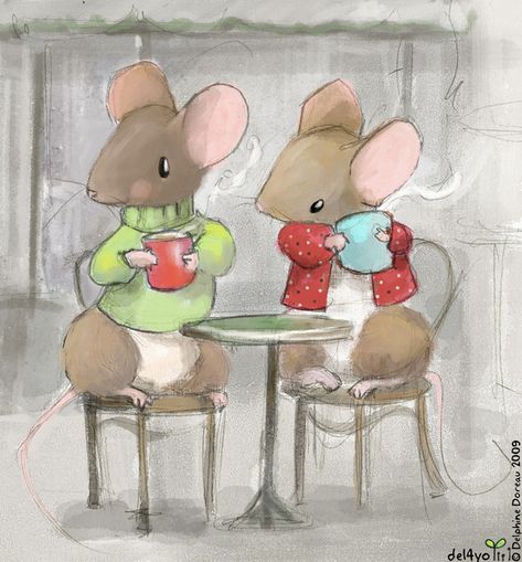 Le lapin dans la lune - Non dairy Diary - Two mice in a cafe    http://del4yo.squarespace.com Mouse Illustration, Mouse Crafts, Marjolein Bastin, Childrens Books Illustrations, Tatty Teddy, House Mouse, Tea Art, Cute Mouse, Beatrix Potter