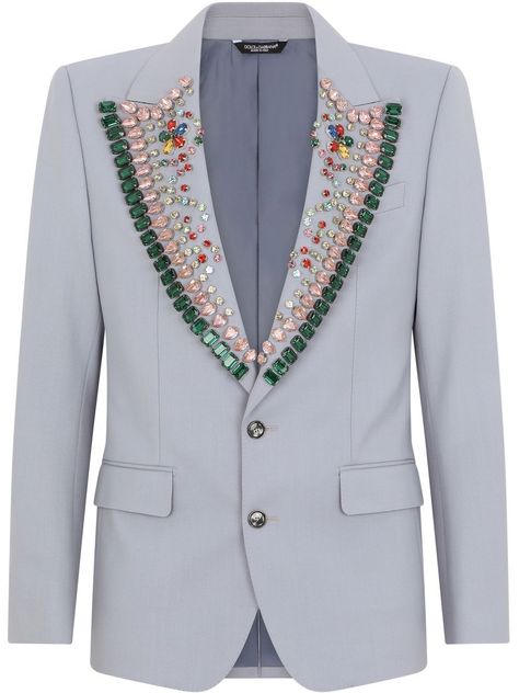 gemstone-embellished tailored blazer from DOLCE & GABBANA featuring blue, stretch-wool, gemstone detailing, peak lapels, front button fastening, long sleeves, buttoned cuffs, two front flap pockets and central rear vent. | Dolce & Gabbana Gemstone-Embellished Tailored Blazer Embellished Suit Men, Embellished Clothing, Work Blazer, Dress Suits For Men, Beaded Jacket, Blazer Designs, Eclectic Fashion, Tailored Blazer, Breasted Blazer