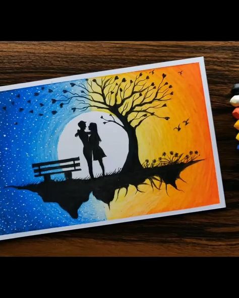 Couple Drawing Easy, Dream Scenery, Oil Pastel Step By Step, Oil Pastel Drawings Easy, Scenery Drawing, Couple Drawing, Romantic Dream, Pastel Artwork, Oil Pastel Paintings