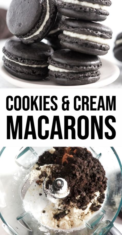 Cookies and Cream Macarons Oreo Macaron, Cream Macarons, Cocoa Powder Recipes, Oreo Filling, Macaron Flavors, Macaron Cookies, Macaroon Recipes, Macaron Recipe, Bakery Recipes