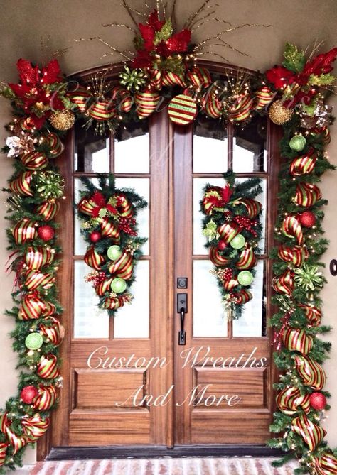 Christmas door garland by custom wreaths and more Red And Gold Outdoor Christmas Decor, Red Green And Gold Christmas Decor, Christmas Door Garland Diy, Christmas Projects To Make, Christmas Porches, Door Garland, Custom Wreaths, Front Door Christmas, Front Door Christmas Decorations