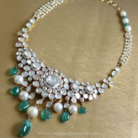 Pearl and White Stone Necklace set from Manubhai Stone Necklace Set, Silver Diamond Necklace, Pearl And Diamond Necklace, Polki Necklace, Bridal Fashion Jewelry, Diamond Jewelry Necklace, Polki Jewellery, India Jewelry, Uncut Diamond