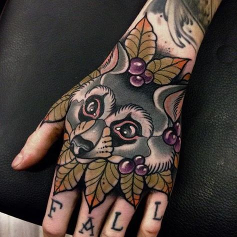 Tattoo uploaded by Ross Howerton | One of Manu Cruz's signature raccoon tattoos (IG—manu_raccoon). #animals #colorful #creatures #ManuCruz #neotraditional #raccoon | 277338 | Tattoodo New School Tattoos, Traditional Hand Tattoo, Mangas Tattoo, Raccoon Tattoo, Old School Tattoos, Monster Tattoo, Petit Tattoo, Dibujos Tattoo, Kunst Tattoos