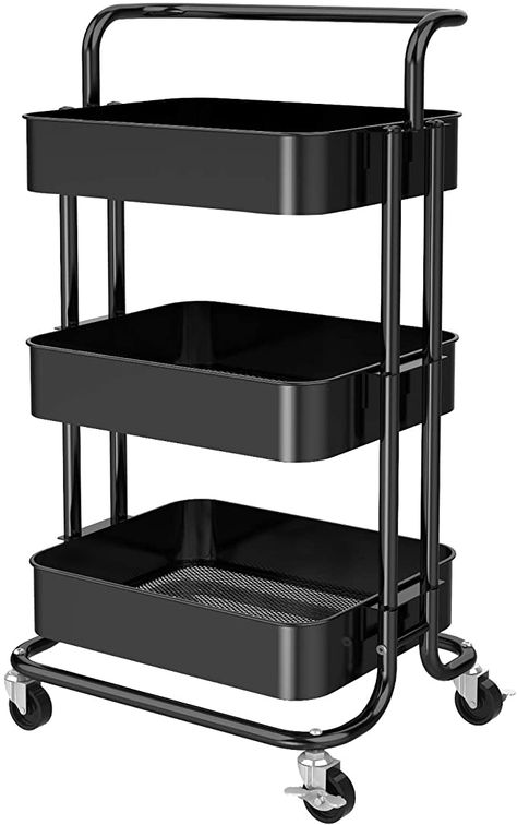 Amazon.com: 3 Tier Mesh Utility Cart, Rolling Metal Organization Cart with Handle and Lockable Wheels, Multifunctional Storage Shelves for Kitchen Living Room Office by Pipishell, Black: Kitchen & Dining Rolling Shelves, Rolling Kitchen Cart, Rolling Utility Cart, Organization Cart, Kitchen Trolley, Storage Trolley, Utility Storage, Rolling Cart, Utility Cart