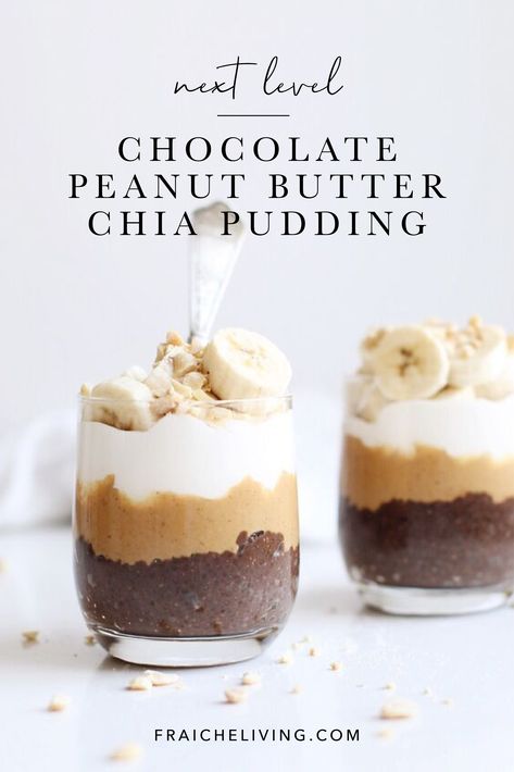 Serve it in a short glass in layers starting with rich tasting chocolate chia pudding, peanut butter and a dollop of coconut whip and piled with fresh sliced bananas on top. #chiapuddingrecipe #chocolatechiapudding #peanutbutterchiapudding #breakfastrecipes #helathierbreakfasts Blender Chia Pudding, Banana Bread Chia Pudding, Layered Chia Pudding, Chia Seed Pudding Peanut Butter, Chia Pudding Peanut Butter, Chia Pudding Aesthetic, Chia Pudding Coconut, Chocolate Peanut Butter Chia Pudding, Peanut Butter Parfait