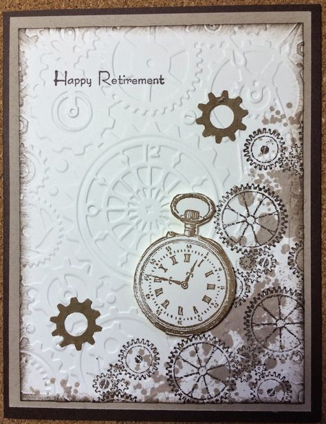 I have three co-workers retiring this year.  Of course, I gladly volunteered to make the cards. Recipes: Cog Card: Colors: Early ... Retirement Card Ideas, Diy Retirement Cards, Dcwv Cards, Retirement Cards Handmade, Steampunk Cards, Vintage Cards Handmade, Clock Card, Retirement Ideas, Card Inspo