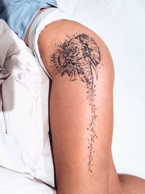 Creative Elephant Tattoos, Meaningful Elephant Tattoos, Elephant Spine Tattoo, Elephant Sunflower Tattoo, Elephant With Flowers Tattoo, Protea Flower Tattoo, Elephant Flower Tattoo, Elephant Tattoos Thigh, Elephant Tattoos With Flowers