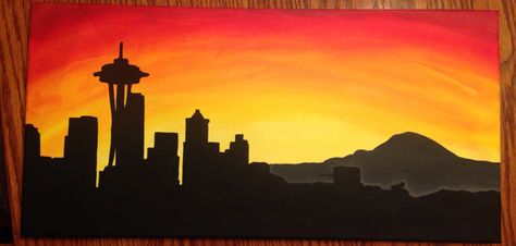 Seattle silhouette skyline with sunset background Seattle Silhouette, Seattle Skyline Painting, Sunset Background, Art City, City Painting, Sunset Painting, Painting Canvas, Seattle Skyline, Seattle