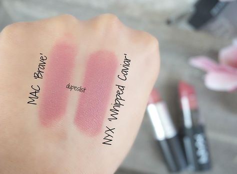 Swatches!  MAC 'Brave' (20,50€) vs. NYX Cosmetics (7,99€)  What do you guys think about this dupe? Nyx Whipped Caviar, Mac Swatches, Nyx Swatches, Hamlet Quotes, Guys Instagram, Mac Brave, Liquid Lipstick Swatches, Mac Blush, Mac Lipsticks