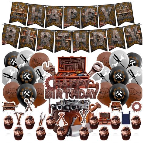 PRICES MAY VARY. Mechanic Party Supplies: You will get 1 mechanic HAPPY BIRTHDAY banner, 1 mechanic HAPPY BIRTHDAY cake topper, 12 mechanic cupcake toppers, 18 mechanic balloons (6 black, 6 brown, 6 gray), 1 ribbon. Premium Material: Mechanic happy birthday banner and mechanic cake decorations are made of thick cardboard, mechanic balloons are made of natural latex, safe and sturdy, not easy to break or fold, safe and reliable materials allow us to enjoy the joy brought by the party with peace o Mechanic Birthday Party Ideas For Men, Mechanic Themed Birthday Party, Mechanic Birthday Party, Mechanic Party, Mechanics Birthday Party, Mechanic Birthday, Mechanic Cake, Mechanics Birthday, Birthday Banner Cake Topper