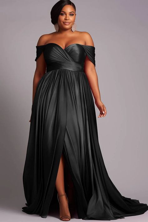 Xpluswear Design Plus Size Formal Magenta Off The Shoulder Cap Sleeve Split Crinkle Chest Satin Maxi Dresses [Pre-Order] Plus Size Formal Black Dress, Mother Of The Bride Dresses Black Women, Black Tie Dresses For Women, Plus Size Black Tie Event Dresses, Sister Of The Groom Dress, Black Tie Dresses Formal, Plus Size Gala Dress, Plus Size Wedding Guest Outfits, Black Tie Event Dresses