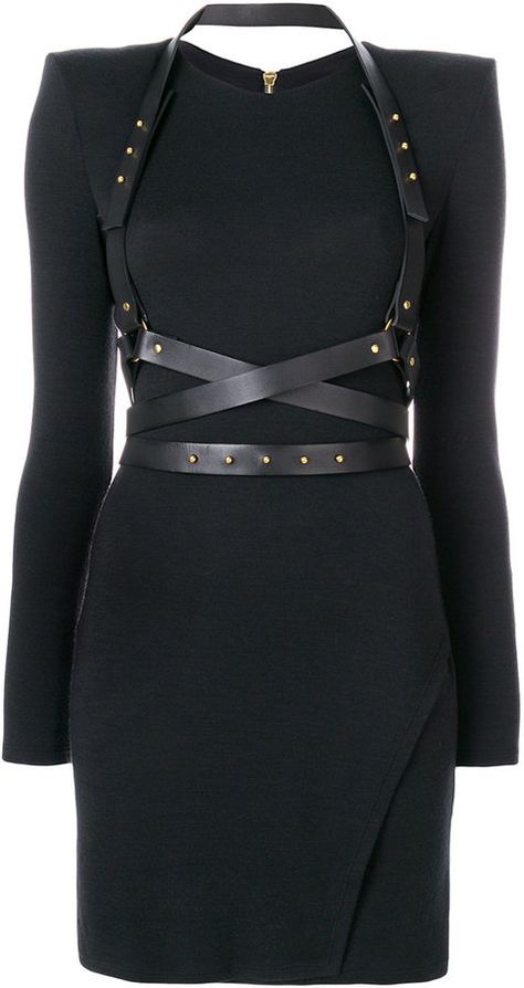 Balmain leather harness dress Harness On Dress, Harness Outfit Dress, Dress With Harness Outfit, Harness Dress Outfit, Harness Outfit Casual, Harness Belt Outfit, Harness Outfits, Leather Harness Outfit, Goth Harness