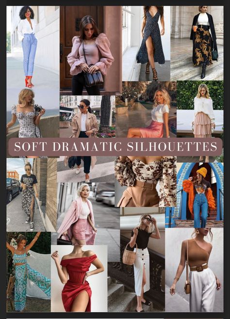 Outfits For Soft Dramatic, Soft Dramatic With Angelic Essence, Soft Dramatic Edgy Outfits, Kibbe Soft Dramatic Summer Outfits, Soft Natural Vs Soft Dramatic, T Silhouette Fashion, Soft Dramatic Office Style, Soft Dramatic Street Style, Soft Dramatic Casual Outfit Summer