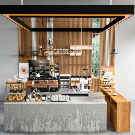 3d Coffee Shop, Small Coffee Shop Design, Coffee Kiosk, Coffee Shop Counter, Shop Counter Design, Small Restaurant Design, 3d Coffee, Cafe Counter, Bakery Shop Design