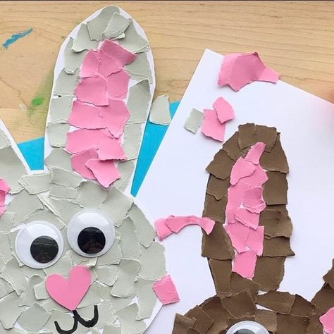 Sophia Gutierrez on Instagram: "Torn paper bunnies! 🐰🐇🤎💗🩶 save and try, friendsssss!!!

🐰I drew a rabbit silhouette with a Sharpie on white card stock paper 

🤎🩶Josie tore up some brown and grey strips of paper and filled in the rabbit face

💗she added some pink in the center of the ears

✂️ I cut two small pink hearts for the nose

👀👀 glue in some big fun eyes and add the mouth with a Sharpie! 

#craftsforkids #spring #toddlers #kids #artsandcrafts #diy #kindergartenactivities #preschoolactivities" Paper Bunny Craft, Pink Construction, Bunny Shape, Easter Paper Crafts, Bunny Craft, Rabbit Silhouette, Paper Bunny, Bunny Face, Bunny Crafts