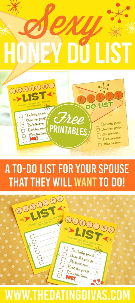 A to-do list for your spouse that they will WANT to do! This sexy and suggestive love note is perfect for my spouse! www.TheDatingDivas.com Date Night Ideas For Married Couples, Romantic Nights, Romantic Games, Honey Do, Date Night Recipes, Honey Do List, Mom Planner, Bedroom Games, The Dating Divas