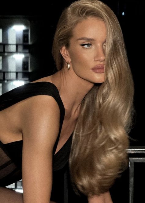 Blonde Hair Dark Brown Eyes, Honey Blonde Hair Green Eyes, Expensive Looking Blonde Hair, Black Eyes Blonde Hair, Elegant Blonde Hairstyles, Blonde Bombshell Aesthetic, Blonde Voluminous Hair, Rosie Huntington Makeup, Healthy Dark Blonde Hair