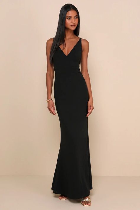 Melora Black Sleeveless Maxi Dress | Lulus Black Satin Bridesmaid Dress, Black Tie Wedding Guest Dress, Spaghetti Strap Bridesmaids Dresses, Black Tie Wedding Guests, Black Bridesmaids, Formal Dresses Gowns, Middle Name, Black Bridesmaid Dresses, Satin Bridesmaid Dresses