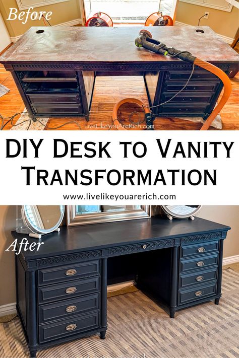 Learn how to transform an everyday desk into a beautiful custom vanity perfect for your dressing room. Follow our step-by-step guide filled with valuable tips and tricks for a stunning, cost-effective transformation. Desk Made Into Vanity, Turning A Desk Into A Makeup Vanity, How To Turn A Desk Into A Vanity, Diy Vanity Refurbish, Desk To Vanity, Old Desk Into Vanity, Desk To Vanity Diy, Diy Vanity Desk, Vanity Diy