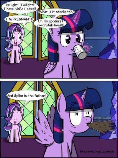 Spike X Starlight, Mlp Pregnant, Comic Dialogue, Spit Take, Mlp Funny, Twilight Sparkle Alicorn, Pony Cartoon, Mlp Twilight, Mlp Memes