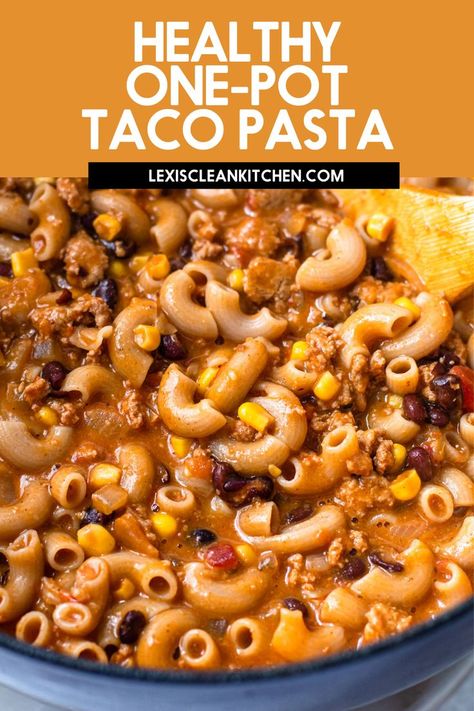 Easy weeknight dinner - one pot taco pasta. Healthy Hamburger Helper, Elbow Pasta Recipes, Easy Taco Pasta, Healthy Hamburger, Ground Turkey Pasta, Lexi's Clean Kitchen, Clean Eating Guide, Elbow Pasta, Clean And Delicious