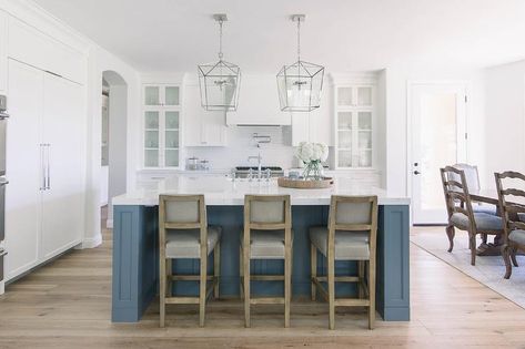 Blue Kitchen Island Painted Britannia Blue - Transitional - Kitchen - Benjamin Moore Britannia Blue Polaris Blue, Blue Benjamin Moore, Textured Subway Tile, Blue Kitchen Island, French Oak Flooring, Kitchen Island Ideas, Before After, Leather Counter Stools, Kitchen White