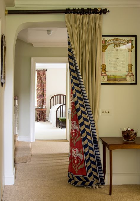 Curtains In Hallway, Kitchen Doorway Curtain Ideas, Front Door Curtain Ideas Entrance, Curtains Over Door, Create An Entryway, Bold Curtains, Curtain Designs, Curtain Decor, Interior Inspo