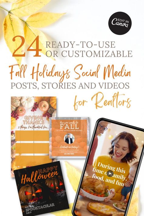 We all need great content ideas to keep in touch with our audience throughout the year. Here's 24 engaging, fun, and meaningful posts for Halloween, Fall, Autumn, Thanksgiving and Veterans Day - specifically for real estate agents! #realestateagent #realtorlife #realtormom #thanksgiving Fall Real Estate, Holiday Social Media Posts, Autumn Thanksgiving, Happy Foods, Accounting And Finance, Marketing Template, Halloween Fall, Content Ideas, Fall Holidays