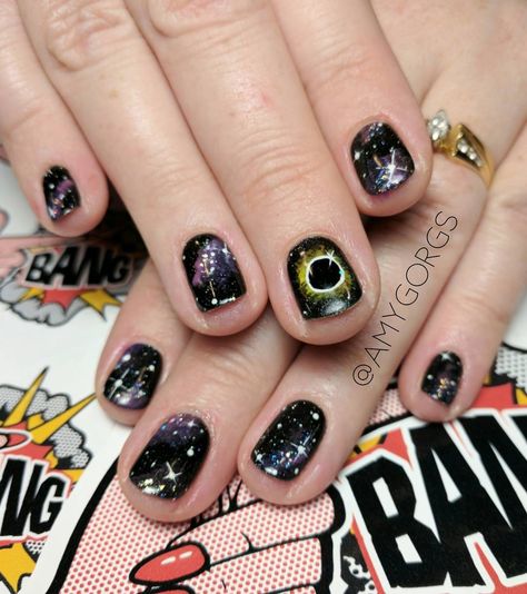 Sometimes you need some space 🌌 What's everyone doing for the upcoming eclipse? Magic Fingers, Space Nails, Galaxy Nails, This Little Piggy, Gel Nail Designs, Nail Art Inspiration, Short Nails, Makeup Nails, Pretty Nails