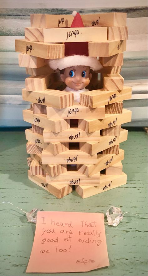 Last Day Elf Ideas, Elf Jenga, Elf On The Shelf Jenga, Elf Jail, Elf Hiding Ideas, Elf Ideas Easy, Bad Elf, Elf Me, Awesome Elf On The Shelf Ideas