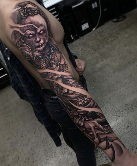 Monkey King Sleeve Tattoo, Son Wukong Tattoo, Wukong Tattoo Design, Monkey King Tattoo Design, Sun Wukong Tattoo, Wukong Tattoo, Monkey King Tattoo, Muay Thai Tattoo, Chinese Tattoos