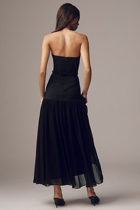 Rendered in stretch crepe and chiffon, the Hutch Carmel dress features a sleek, strapless neckline, drop waist, and a removable belt to cinch . | Carmel Strapless Belted Drop-Waist Maxi Dress by Hutch in Black, Women's, Size: 8, Polyester/Elastane/Chiffon at Anthropologie Drop Waist Dress, Strapless Neckline, Black Cocktail, Stretch Crepe, Dropwaist Dress, Black Cocktail Dress, Anthropology, Waist Dress, Drop Waist