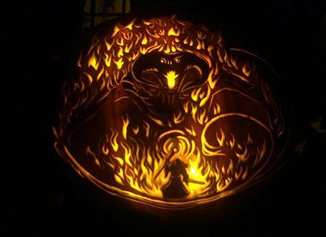 Carved pumpkin- Gandalf and the balrog. Louisville, Ky Balrog Pumpkin Carving, Lotr Pumpkin Carving Ideas, Lord Of The Rings Pumpkin Carving, Gandalf Balrog, Halloween Makeup Tutorial Easy, Pumpkin Carving Party, Spooky Home Decor, Halloween Makeup Tutorial, Easy Halloween Crafts