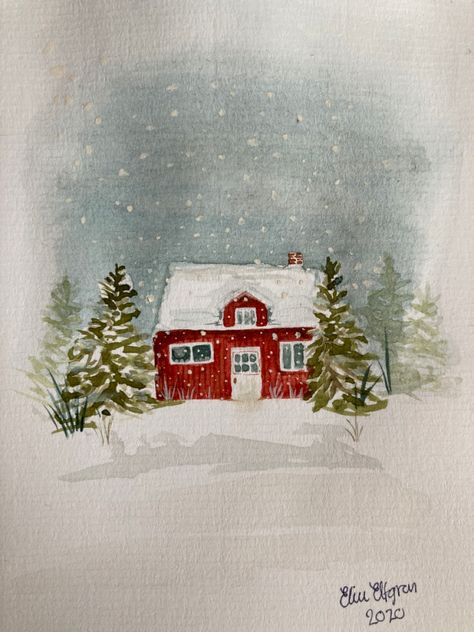 Christmas Village Watercolor, Winter Watercolor Art, Vintage Christmas Watercolor, Painted Christmas Cards Watercolors, Watercolor Paintings Winter, Watercolor Paintings Christmas, Christmas Card Painting Ideas, Watercolor Art Winter, Christmas Village Painting