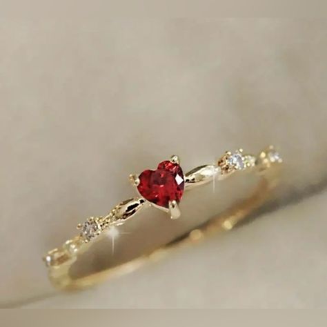 Dainty Ring Yellow Gold Plated Gems | Heart Shape Synthetic Ruby/Diamond Sz 7 Gold And Red Wedding Ring, Simple Promise Rings For Her Cheap, Dainty Heart Ring, Yellow Gold Promise Rings, Small Heart Ring, Red Heart Engagement Ring, Gold And Ruby Jewelry, Wedding Rings Heart Shaped, Dainty Promise Rings Gold