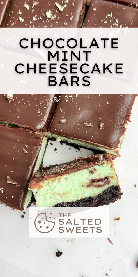 These chocolate mint cheesecake bars have an oreo cookie crust, a creamy mint cheesecake filling with little bits of andes mints and a chocolate mint ganache topping. They're the perfect treat for all the mint chip lovers! Andes Mint Cheesecake Recipes, Mint Chocolate Chip Desserts, Mint Oreo Dessert, Chocolate Mint Pie, Andes Mint Cheesecake, Mint Oreo Cheesecake, Chocolate Mint Cheesecake, Mint Ganache, Mint Squares