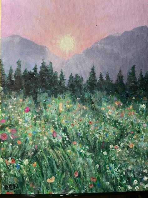 Person In Flower Field Drawing, Flowers In Field Painting, Wildflower Field Painting Easy, Painting Of Flower Field, Impressionist Flower Field, Flowers And Grass Painting, How To Draw A Flower Field, Flower Field Painting Watercolors, Easy Meadow Painting