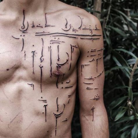 Full Body Rune Tattoo, Elian Script Tattoo, Sporadic Tattoos, Ancestral Tattoo, Surgery Tattoo, Mens Body Tattoos, Black Line Tattoo, Occult Tattoo, Sigil Tattoo